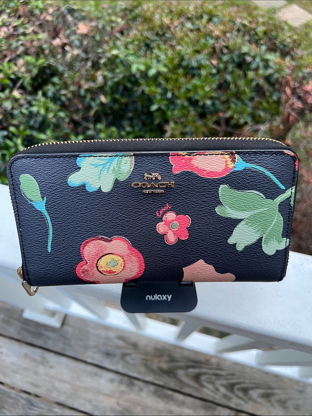 Coach Black Floral Zip-Around Wallet with Pink and Green Blooms - Picture 8 of 16